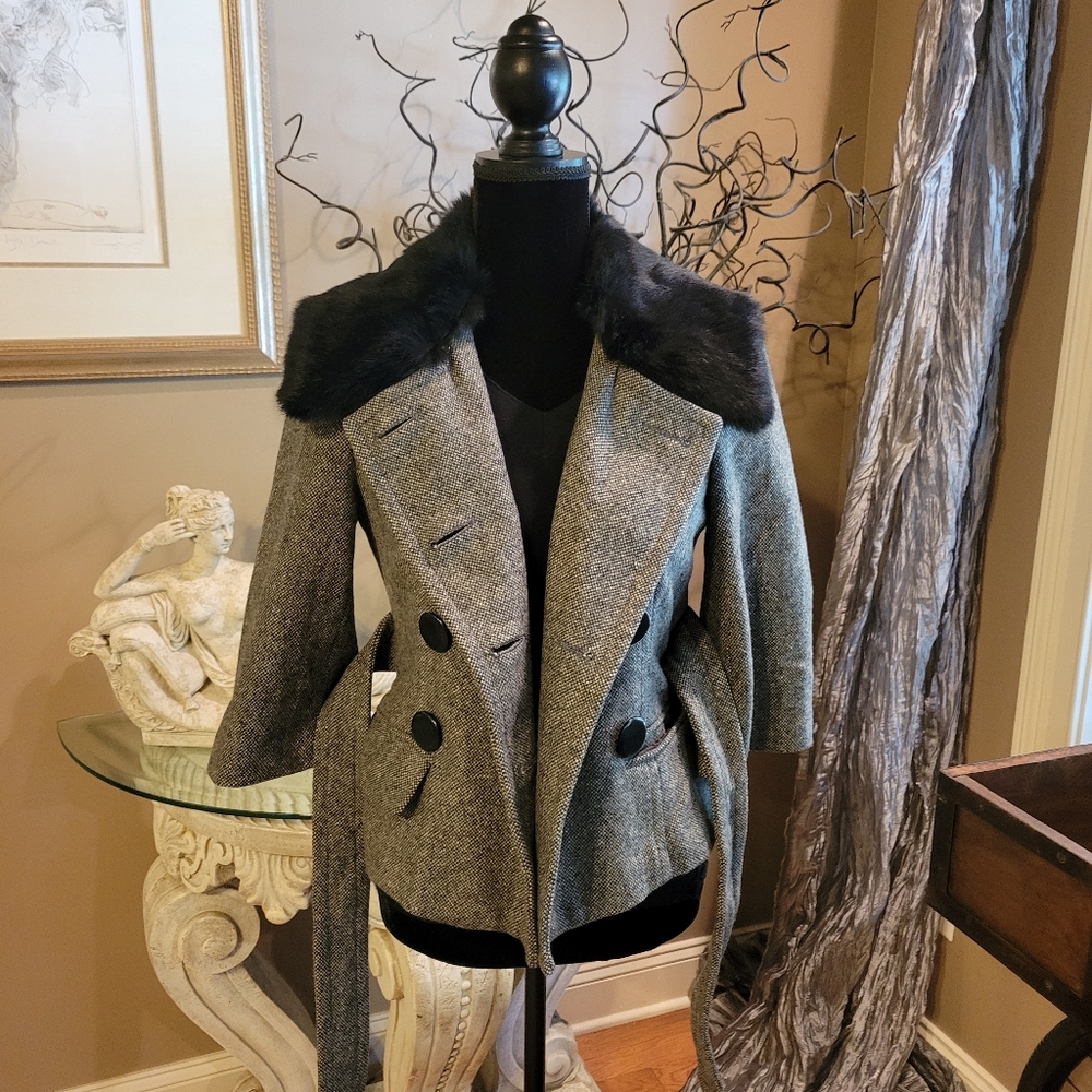 Bebe Wool Blend, Rabbit Fur Trim, Double Breasted Jacket Size XS. Designer H05 - Picture 2 of 14